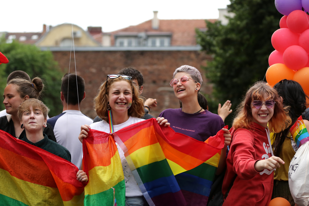 Sofia, Bulgaria - 9 June 2018: Young girls participate in the annual LGBT Sofia pride parade for equality and non-discrimination of the LGBT community.